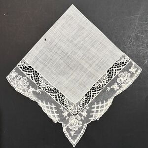 Antique Victorian Linen Embroidered Handkerchief Cottage Core Bride Wedding Vtg